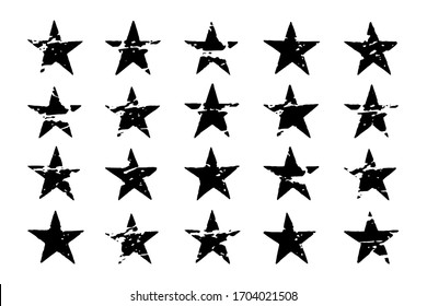 Vector grunge set of different hand drawn black star imprints isolated on white background. Vintage decorative elements.