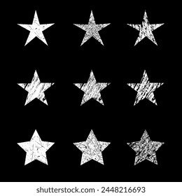 Vector grunge set of nine different white star prints isolated on a black background. Star hand drawn elements with scratches and scuffs for design. Universal symbols and elements.