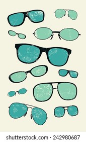 Vector grunge set of retro glasses. Glasses background.