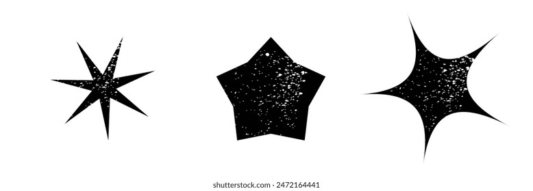Vector grunge set of six different black star imprints isolated on white background. Hand drawn elements. Star icon grunge texture.