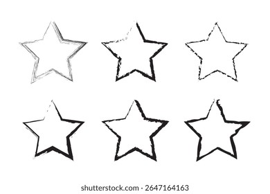 Vector grunge set of six different black star imprints isolated on white background. Hand drawn elements.