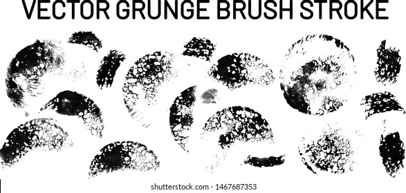 Vector Grunge Set sponge brush strokes of black ink long thin  different in style with stains and translucent white paper texture.