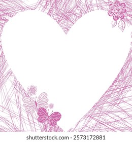 Vector grunge spring pink valentine frame with big heart, flowers and butterflies. Transparent background