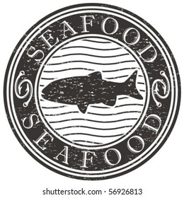 Vector grunge stamp with fish shape, words seafood and hooks.