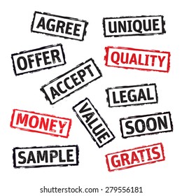 Vector grunge stamps AGREE, OFFER, LEGAL, ACCEPT, MONEY. Icon and outline illustration.