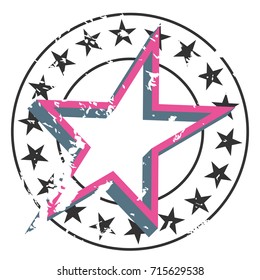 Vector grunge star badge. Round emblem with little stars on circle border and big star on center.