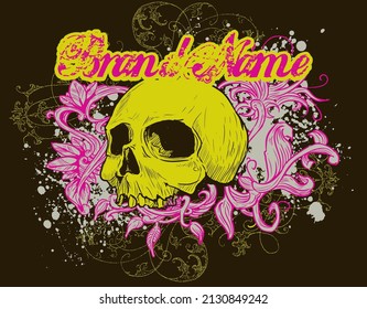 vector grunge style skull print for t-shirts hoodies portraits. yellow skull with pink and white ornaments, black background