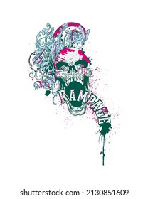 vector grunge style skull print for t-shirts sweatshirts portraits. skull with ornaments in the background. skull rampage