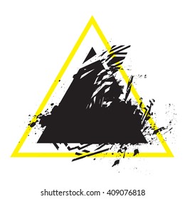 Vector grunge stylized geometrical shape with splashes and splatters. Triangle symbol exploded and damaged design element.