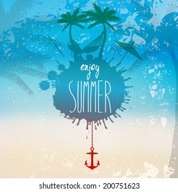 Vector grunge summer beach illustration with hammock and palm trees