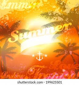 Vector grunge summer sunset view with palm trees background illustration