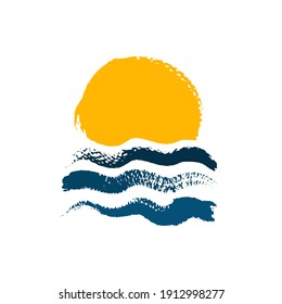 La puesta de sol de grano vectorial en el océano aislado en el fondo blanco. Diseño de afiches de verano. Sol y olas en el mar. Estilo colorido de la tinta de pincel.