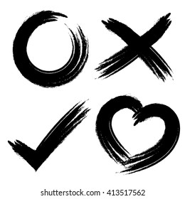 Vector grunge symbol design set . Cycle, check mark, cross and heart shape.