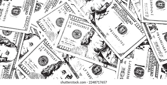 Vector grunge texture of 100 US dollars cash banknotes. Texture for overlay, stylish background, grunge style stencil. Design element