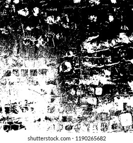Vector grunge texture is black and white. Dark abstract monochrome background. Pattern of cracks, scuffs, chips, scratches. Old vintage surface