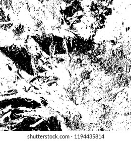 Vector grunge texture is black and white. Dark abstract monochrome background. Pattern of cracks, scuffs, chips, scratches. Old vintage surface