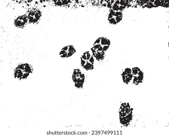 Vector grunge texture of dog paw prints on wet snow. Using the effect of distress, weathering, chips, scuffs, dust, dirt, large and small grains. For backgrounds in vintage style, overlay, stencil
