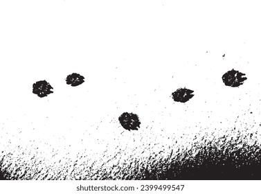 Vector grunge texture of dog paw prints on fresh snow. Using the effect of distress, weathering, chips, cracks, dust, dirt, large and small grains. For backgrounds in vintage style, overlay, stencil
