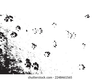 Vector grunge texture of a large number of cat paw prints on the snow. Texture overlay, stencil in grunge style. Design element
