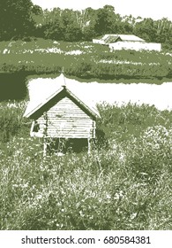 vector grunge texture vertical. log cabin on poles. tall grass. the trees in the background. background illustration for design