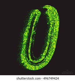 Vector grunge toxic font 001. Letter O. Abstract acid scatter glowing bright green color particles background. Radioactive waste. Zombie apocalypse. Grungy shape. Hand made design element