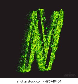 Vector grunge toxic font 001. Letter N. Abstract acid scatter glowing bright green color particles background. Radioactive waste. Zombie apocalypse. Grungy shape. Hand made design element