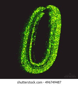 Vector grunge toxic font 001. Number 0. Abstract acid scatter glowing bright green color particles background. Radioactive waste. Zombie apocalypse. Grungy shape. Hand made design element