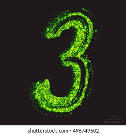 Vector grunge toxic font 001. Number 3. Abstract acid scatter glowing bright green color particles background. Radioactive waste. Zombie apocalypse. Grungy shape. Hand made design element