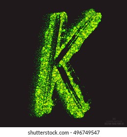 Vector grunge toxic font 001. Letter K. Abstract acid scatter glowing bright green color particles background. Radioactive waste. Zombie apocalypse. Grungy shape. Hand made design element