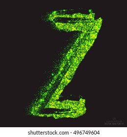 Vector grunge toxic font 001. Letter Z. Abstract acid scatter glowing bright green color particles background. Radioactive waste. Zombie apocalypse. Grungy shape. Hand made design element