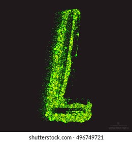 Vector grunge toxic font 001. Letter L. Abstract acid scatter glowing bright green color particles background. Radioactive waste. Zombie apocalypse. Grungy shape. Hand made design element