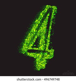 Vector grunge toxic font 001. Number 4. Abstract acid scatter glowing bright green color particles background. Radioactive waste. Zombie apocalypse. Grungy shape. Hand made design element