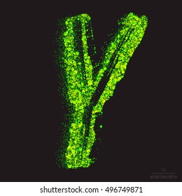 Vector grunge toxic font 001. Letter Y. Abstract acid scatter glowing bright green color particles background. Radioactive waste. Zombie apocalypse. Grungy shape. Hand made design element