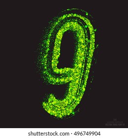 Vector grunge toxic font 001. Number 9. Abstract acid scatter glowing bright green color particles background. Radioactive waste. Zombie apocalypse. Grungy shape. Hand made design element