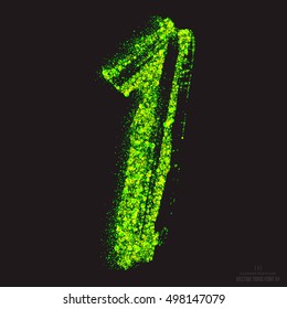 Vector grunge toxic font 001. Number 1. Abstract acid scatter glowing bright green color particles background. Radioactive waste. Zombie apocalypse. Grungy shape. Hand made design element