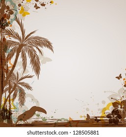 Vector grunge tropical background with flowers and toucan