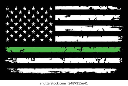 A vector of grunge USA flag with a thin green line - a sign to honor and respect American border patrol