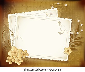 vector grunge, vintage background with a greeting card, pearls, flowers