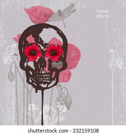 Vector grunge vintage background with skull, poppies, floral elements and dragonfly 