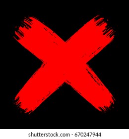 Vector grunge vintage brush stroke no decline sign. Red curved cross. Isolated check mark object on dark black background. Flat mark graphic design. Aggressive blood color symbol.