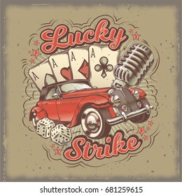 Vector grunge vintage illustration, poster with four card aces, retro car and old microphone. Print, template, design element