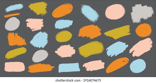 Vector grunge watercolor ink texture set of hand painted pastel powder color dry brush splashes, strokes, stains, spots, elements, stripes, lines, templates, dirty geometric shapes. Freehand drawing.