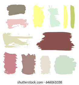 Vector grunge watercolor ink texture set of hand painted pastel powder dry brush strokes, stains, stripes, lines, templates, dirty geometric shapes. Collection of acrylic backgrounds, freehand drawing