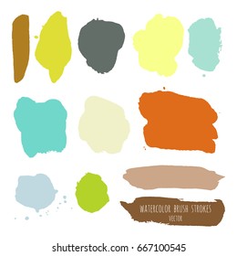 Vector grunge watercolor ink texture set of hand painted pastel powder color dry brush splashes, strokes, stains, spots, elements, lines, templates, dirty geometric shapes. Freehand drawing, isolated.