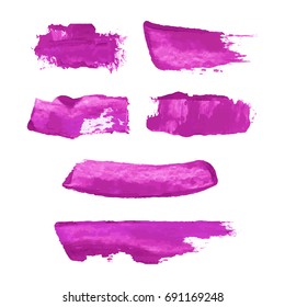 Vector grunge watercolor ink texture set of hand painted magenta, pink, purple, lilac dry brush splashes, strokes, stains, spots, elements, lines, templates, dirty geometric shapes. Freehand drawing.