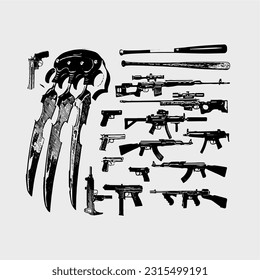 Vektor-Grunge-Waffen-Gewehre, isolierte, strenge Skizzen beliebter Gewehre, Silhouette-Paket