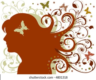 Vector Grunge woman with long flowing hair, foliage, butterflies, stars. Created in earth tone colors.