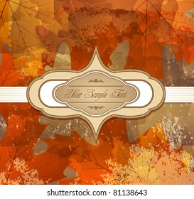 vector grungy background autumn congratulatory with maple leaves and label