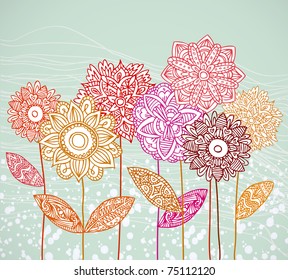 vector grungy background with cute doodle flowers