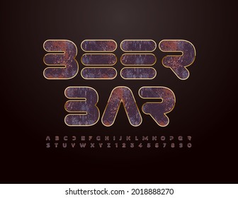 Banner de baranda de vectores gruñido Beer Bar. Fuente cromada rugosa. Conjunto de letras y números de alfabeto de estilo vintage